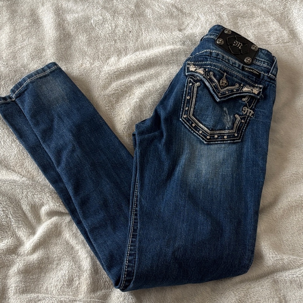 Miss Me Dark Blue Skinny Jeans with Embellished Pockets